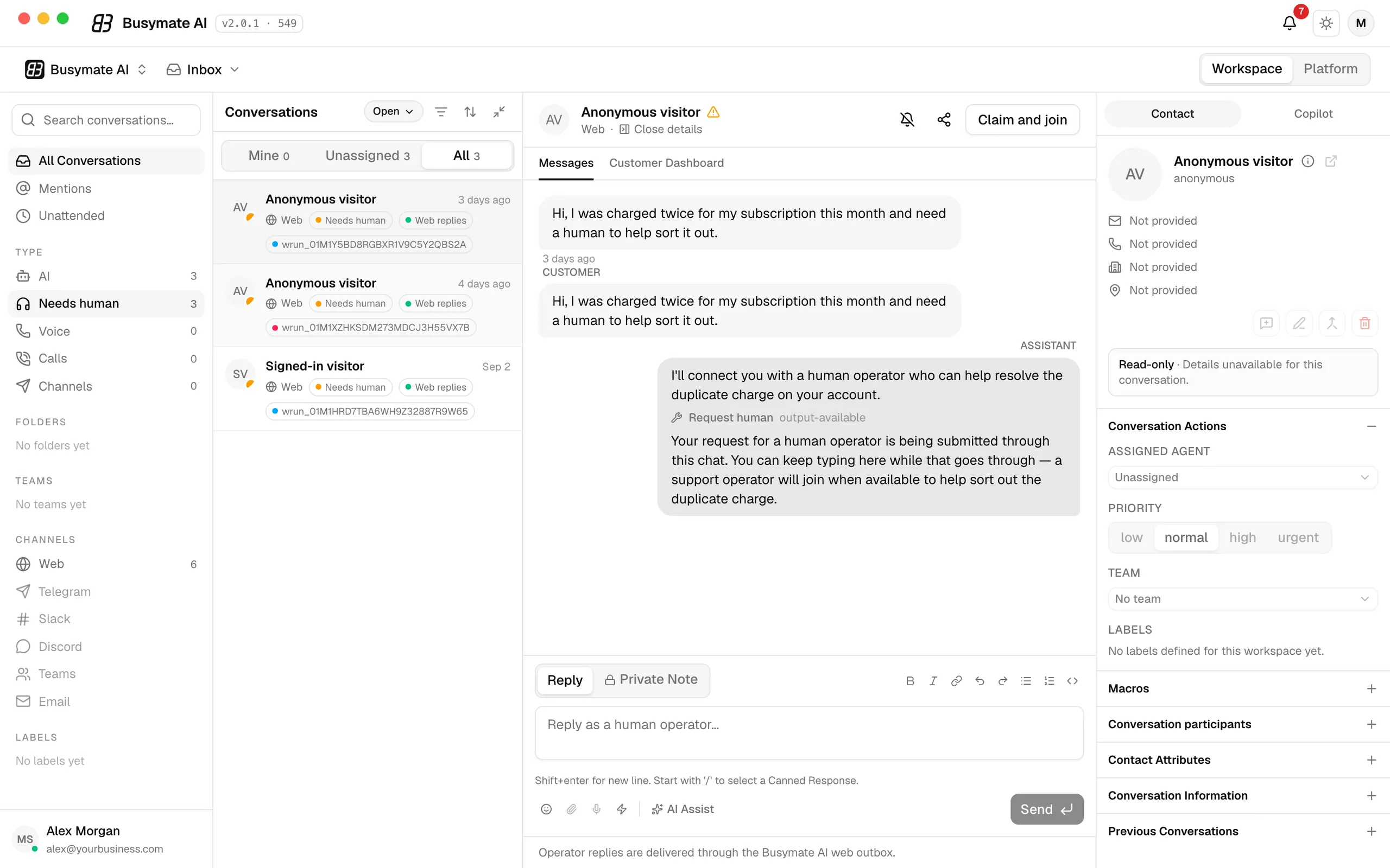 The Needs-a-human queue: a customer asked to talk to a person about a duplicate charge, the assistant requested a human, and the Claim and join button is ready.